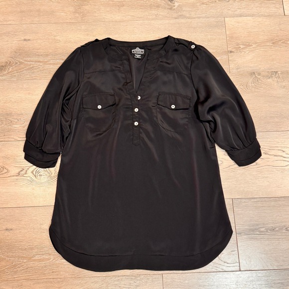 Angie Tops - ANGIE Black Button‎ Front Pocket Tunic Top 3/4 Sleeve Medium M